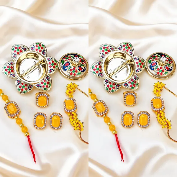 Yellow_Rakhi,_Bracelet,_Thali,_Earrings_Alloy_For_Brother_And_Sister-In-Law_Pack_Of_2