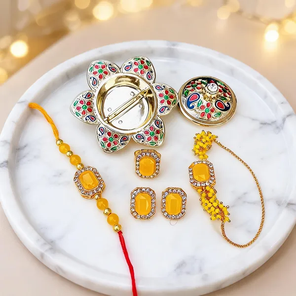 Yellow_Rakhi,_Bracelet,_Thali,_Earrings_Alloy_For_Brother_And_Sister-In-Law_Pack_Of_2