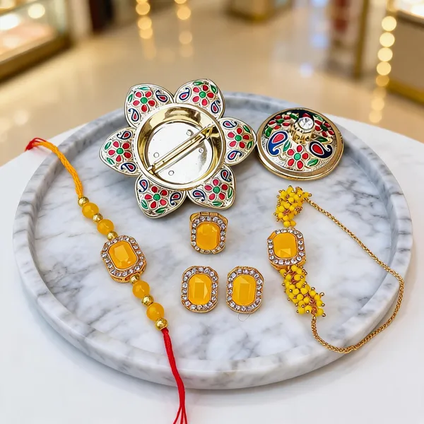 Yellow_And_White_Rakhi,_Lumba,_Bracelet,_Thali,_Bluetooth_Rakhi_Alloy_For_Brother_And_Sister-In-Law_Pack_Of_2