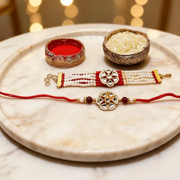 Red_And_White_Rakhi,_Bracelet,_Chawal_Roli_Pack_Alloy_For_Brother_And_Sister-In-Law_Pack_Of_2
