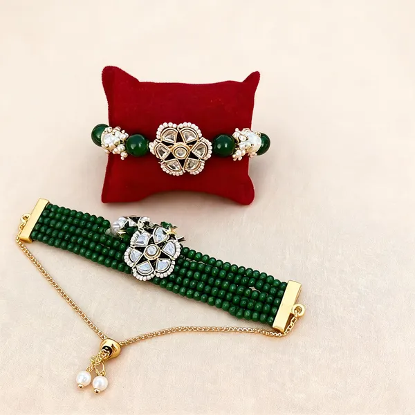 Green_And_Golden_Rakhi,_Bracelet_Alloy_For_Brother_And_Sister-In-Law_Pack_Of_1
