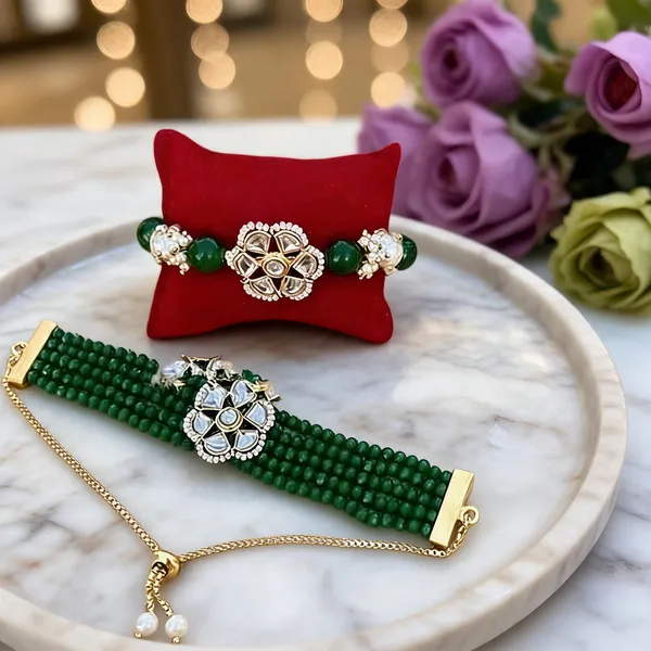 Green_And_Golden_Rakhi,_Bracelet_Alloy_For_Brother_And_Sister-In-Law_Pack_Of_1