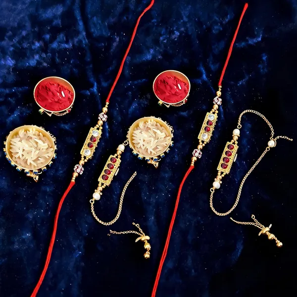 Maroon_And_Golden_Rakhi,_Lumba,_Bracelet,_Chawal_Roli_Pack_Alloy_For_Brother_And_Sister-In-Law_Pack_Of_2