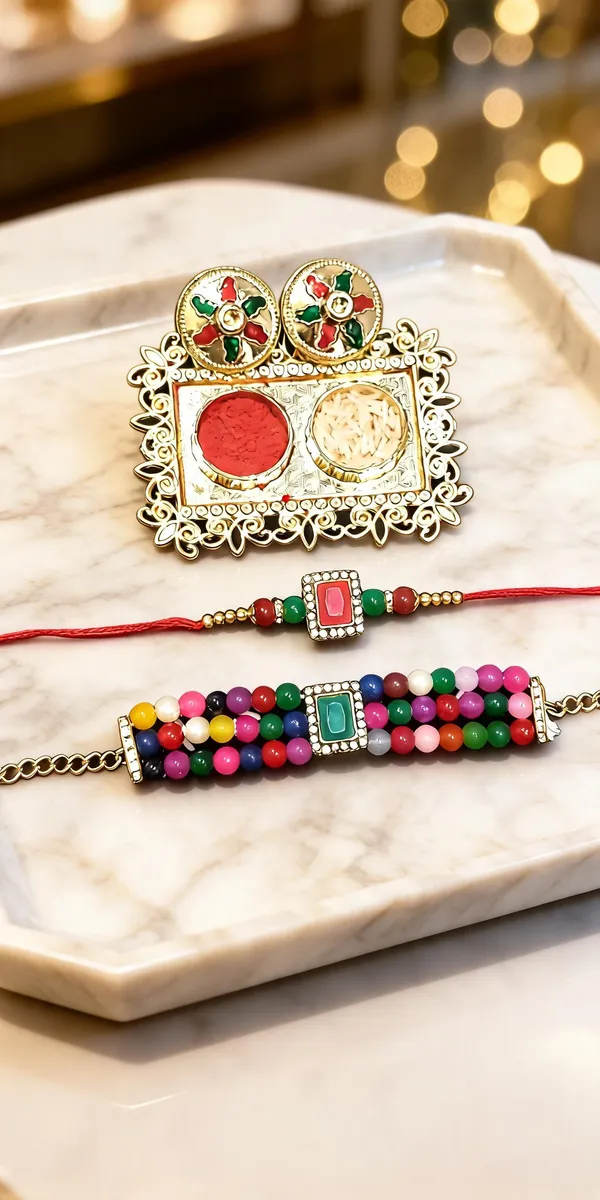 Multicolor_And_White_Rakhi,_Lumba,_Bracelet,_Chawal_Roli_Pack_Alloy_For_Brother_And_Sister-In-Law_Pack_Of_2