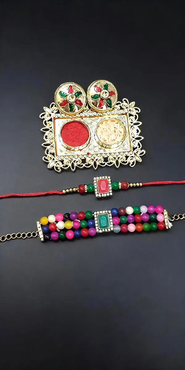 Multicolor_And_White_Rakhi,_Lumba,_Bracelet,_Chawal_Roli_Pack_Alloy_For_Brother_And_Sister-In-Law_Pack_Of_2