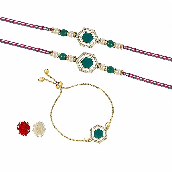 Green_And_White_Rakhi,_Lumba,_Bracelet,_Chawal_Roli_Pack_Alloy_For_Brother_And_Sister-In-Law_Pack_Of_2