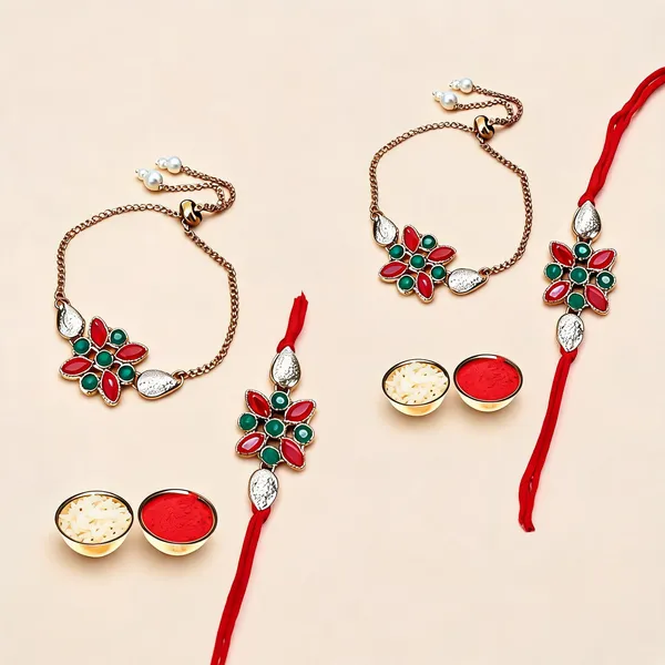 Red_And_Green_Rakhi,_Chawal_Roli_Pack_Alloy_For_Brother_And_Sister-In-Law_Pack_Of_2