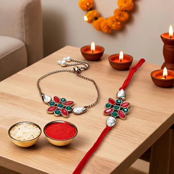 Red_And_Green_Rakhi,_Chawal_Roli_Pack_Alloy_For_Brother_And_Sister-In-Law_Pack_Of_2