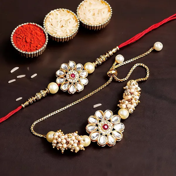 White_And_Maroon_Rakhi,_Lumba,_Bracelet,_Chawal_Roli_Pack_Alloy_For_Brother_And_Sister-In-Law_Pack_Of_2