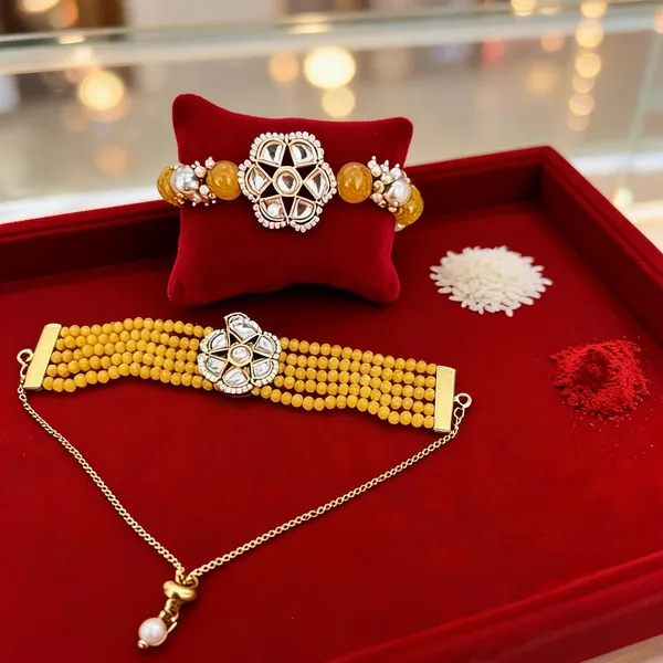 Yellow_Rakhi,_Lumba,_Bracelet,_Chawal_Roli_Pack_Alloy_For_Brother_And_Sister-In-Law_Pack_Of_2