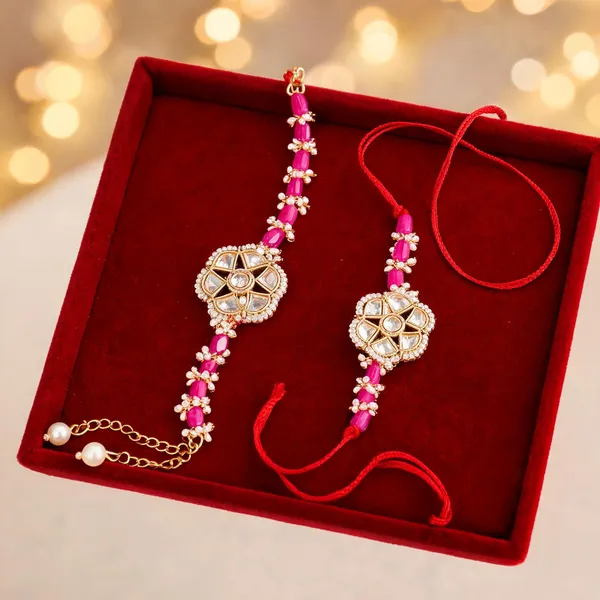 Dark_Pink_And_White_Rakhi,_Lumba,_Bracelet,_Chawal_Roli_Pack_Alloy_For_Brother_And_Sister-In-Law_Pack_Of_2