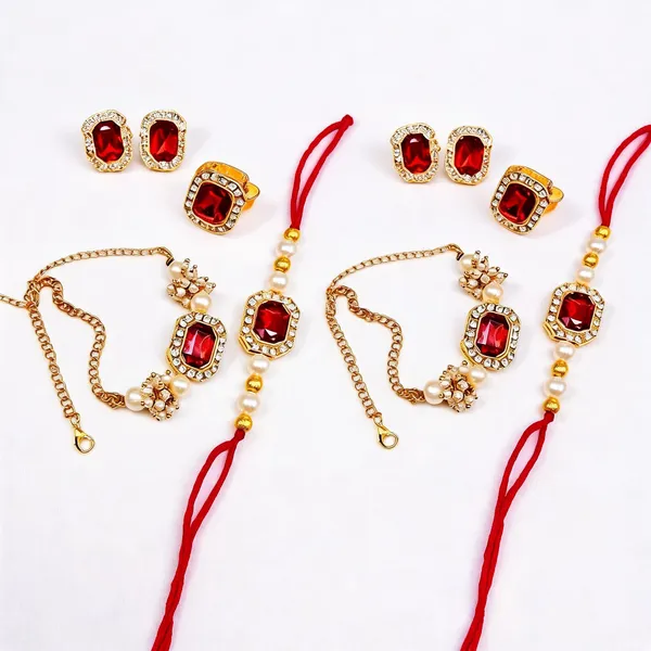 Maroon_And_Green_Rakhi,_Bracelet,_Earrings_Alloy_For_Brother_And_Sister-In-Law_Pack_Of_2