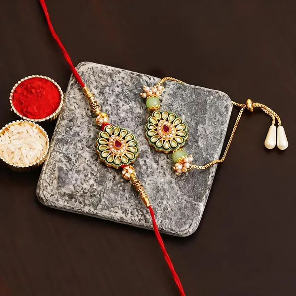 Green_Rakhi,_Bracelet,_Chawal_Roli_Pack_Alloy_For_Brother_And_Sister-In-Law_Pack_Of_2