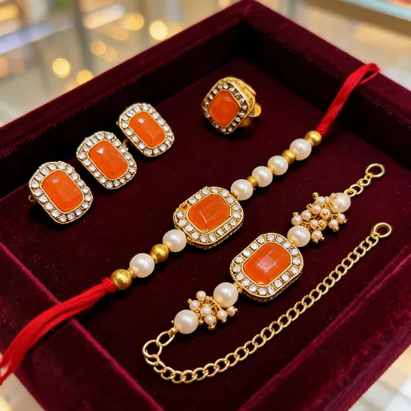 Orange_Rakhi,_Bracelet,_Earrings_Alloy_For_Brother_And_Sister-In-Law_Pack_Of_2