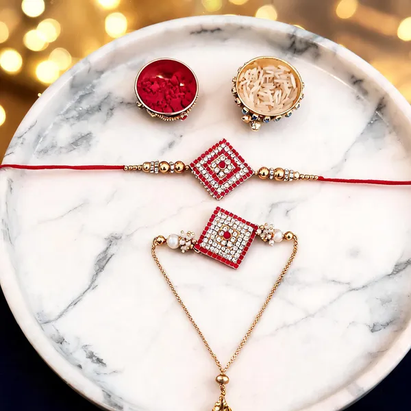Red_And_Gold_Rakhi,_Bracelet,_Chawal_Roli_Pack_Alloy_For_Brother_And_Sister-In-Law_Pack_Of_2