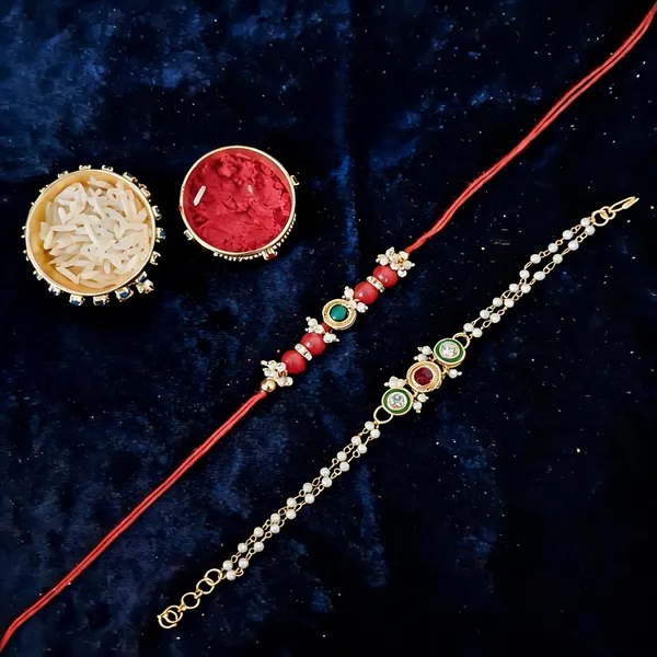 Red_And_White_Rakhi,_Bracelet,_Chawal_Roli_Pack_Alloy_For_Brother_And_Sister-In-Law_Pack_Of_2
