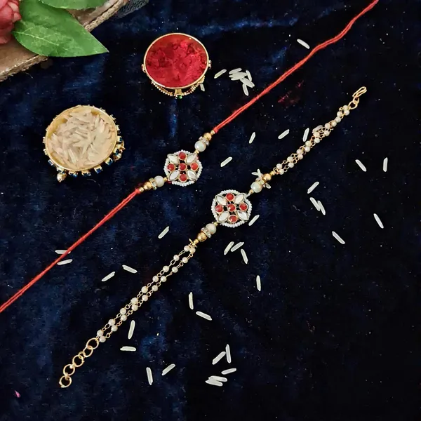 Red_And_White_Rakhi,_Bracelet,_Chawal_Roli_Pack_Alloy_For_Brother_And_Sister-In-Law_Pack_Of_2