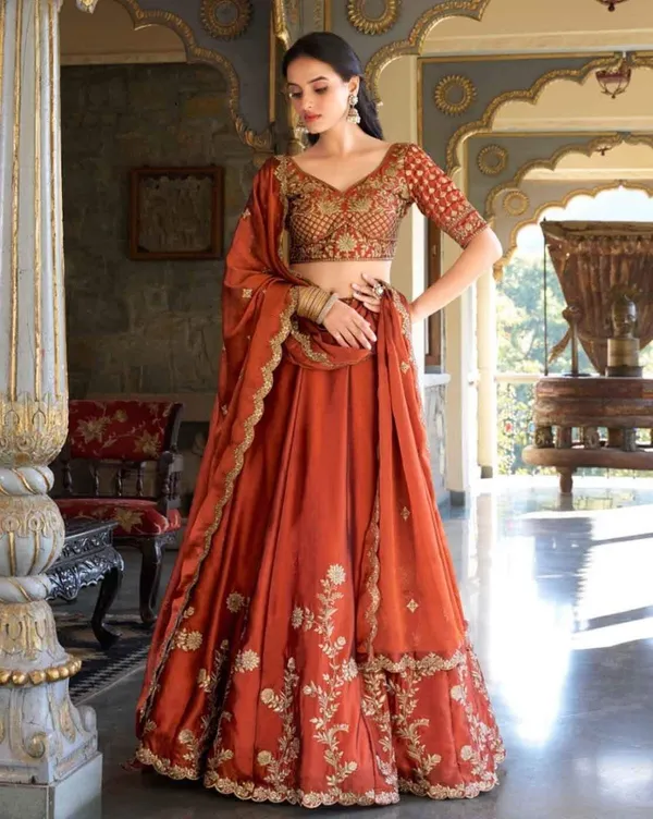 Rust_Orange_Cotton_Embroidered_Lehenga_Choli_For_Women