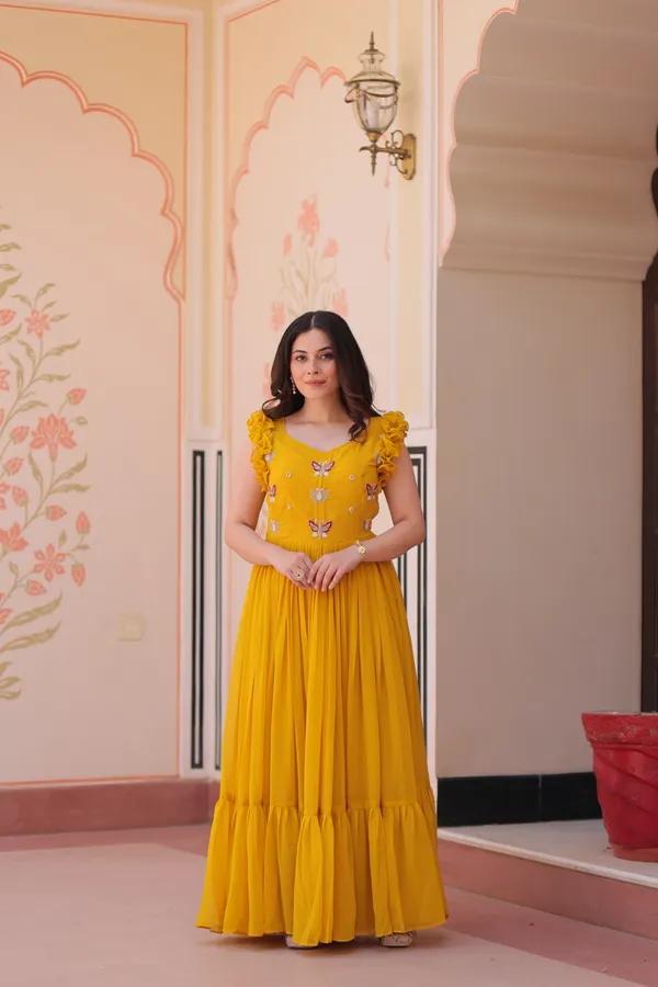 Bright_Yellow_Cotton_Embellished_Flared_Gown_For_Women