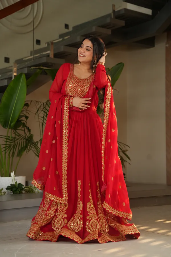 Red_Cotton_Embellished_Anarkali_Gown_With_Dupatta_For_Women