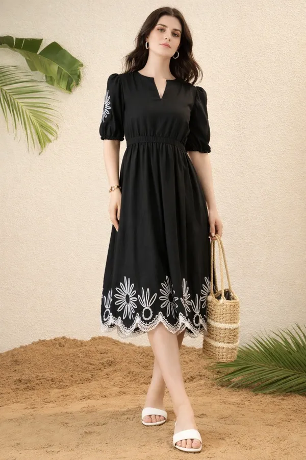 Black_Cotton_Floral_Embroidered_Puff_Sleeve_Midi_Dress_For_Women