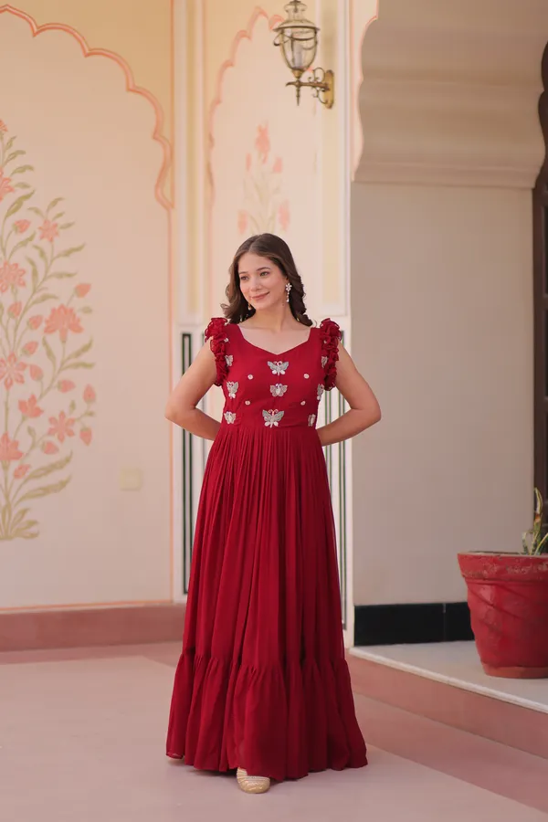 Red_Cotton_Floral_Embellished_Pleated_Anarkali_Gown_For_Women