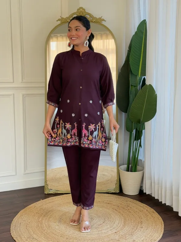 Burgundy_Cotton_Embroidered_Co-Ord_Set_For_Women