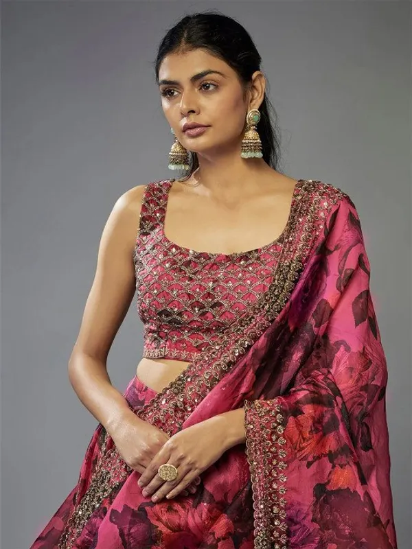 Wine_Red_Organza_Floral_Embellished_Lehenga_Choli_Set_For_Women