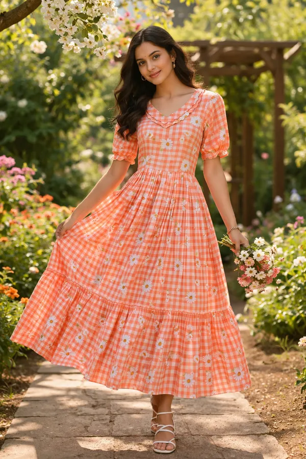 Orange_Cotton_Gingham_Daisy_Print_Puff_Sleeve_Midi_Dress_For_Women