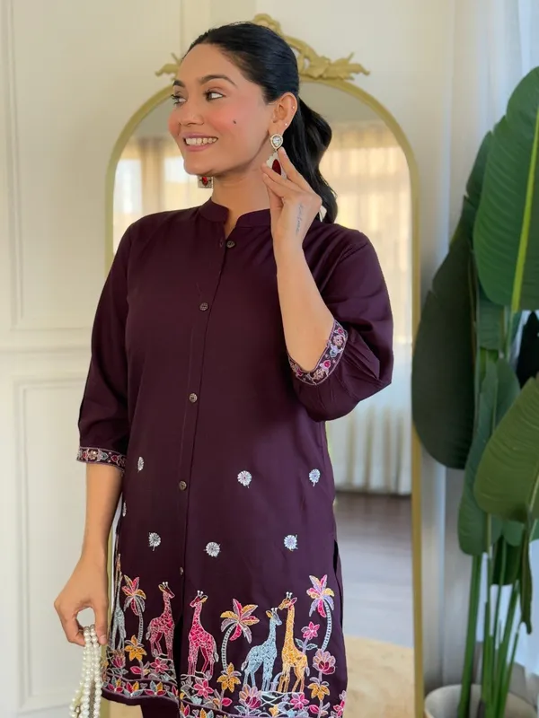 Burgundy_Cotton_Embroidered_Co-Ord_Set_For_Women