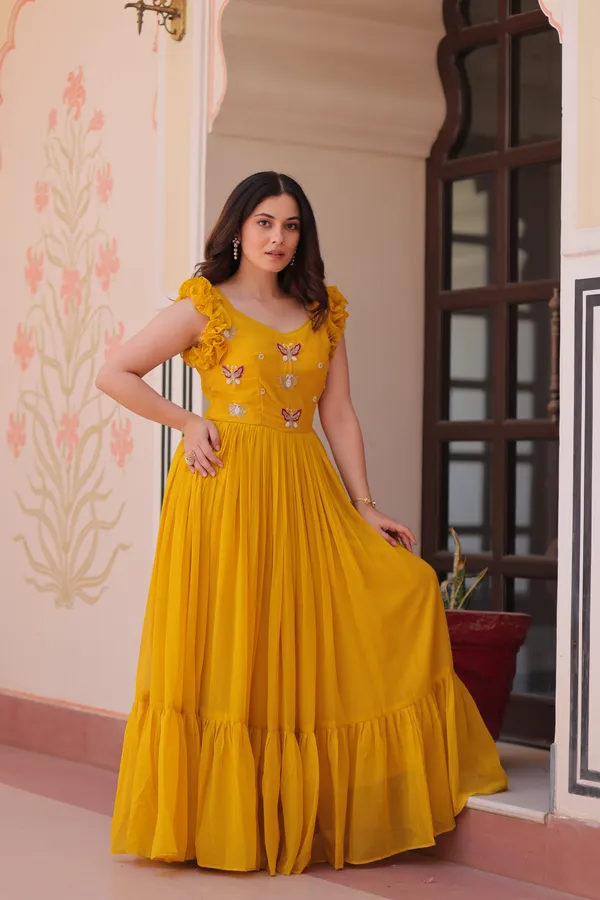 Bright_Yellow_Cotton_Embellished_Flared_Gown_For_Women