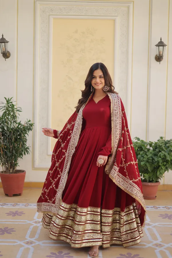 Red_Cotton_Embellished_Anarkali_Gown_With_Dupatta_For_Women