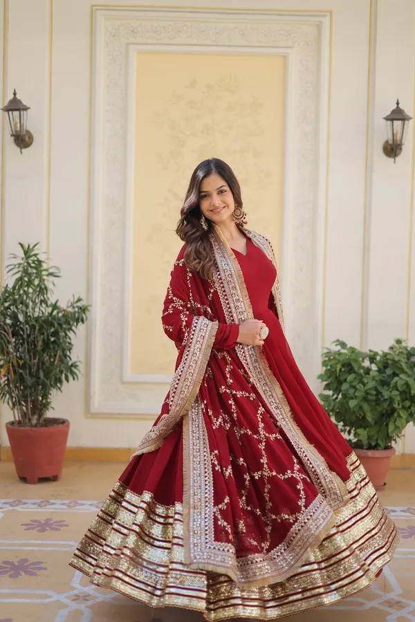 Red_Cotton_Embellished_Anarkali_Gown_With_Dupatta_For_Women