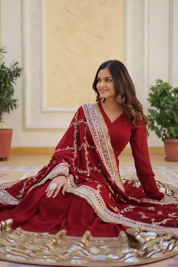 Red_Cotton_Embellished_Anarkali_Gown_With_Dupatta_For_Women