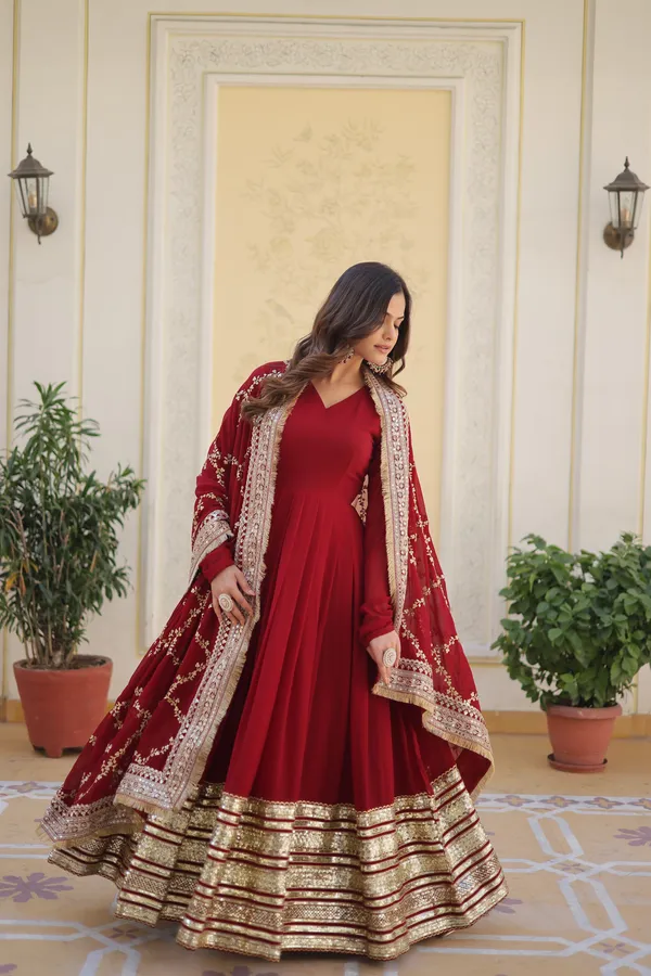 Red_Cotton_Embellished_Anarkali_Gown_With_Dupatta_For_Women
