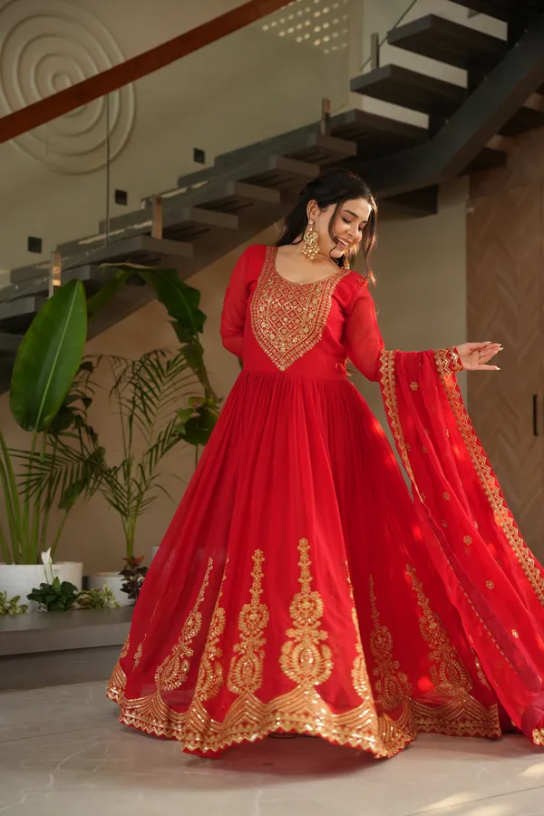 Red_Cotton_Embellished_Anarkali_Gown_With_Dupatta_For_Women