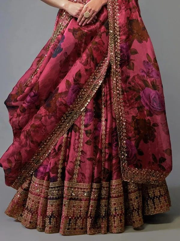 Wine_Red_Organza_Floral_Embellished_Lehenga_Choli_Set_For_Women