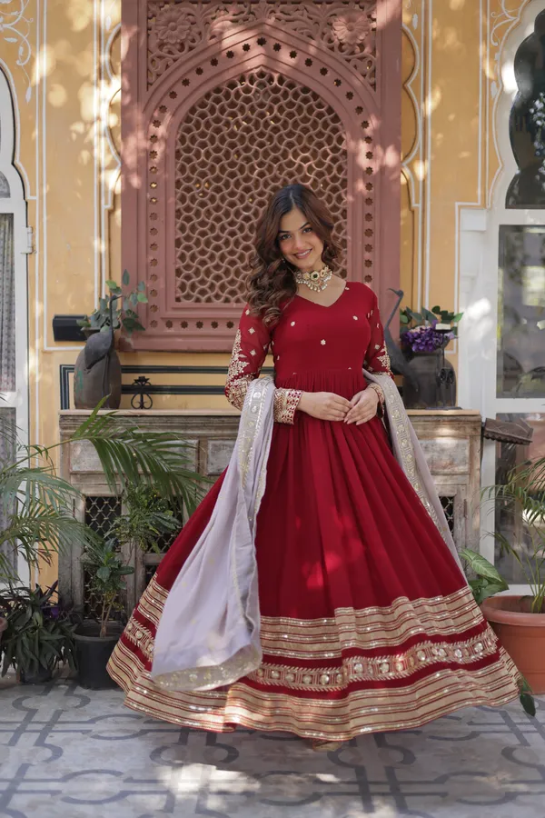 Red_Cotton_Embellished_Anarkali_Gown_With_Dupatta_For_Women