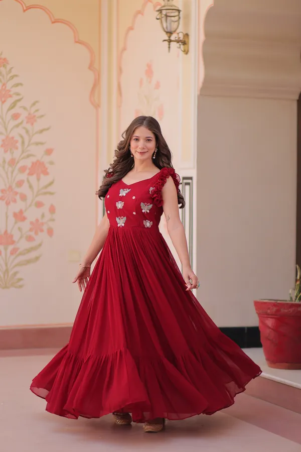 Red_Cotton_Floral_Embellished_Pleated_Anarkali_Gown_For_Women
