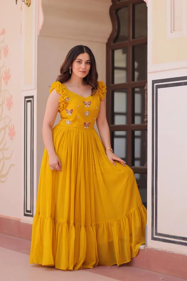Bright_Yellow_Cotton_Embellished_Flared_Gown_For_Women
