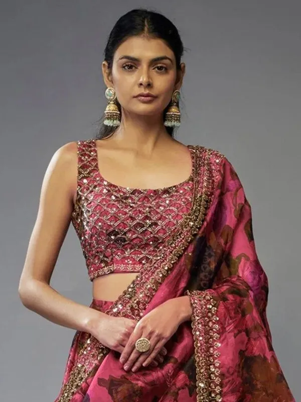 Wine_Red_Organza_Floral_Embellished_Lehenga_Choli_Set_For_Women