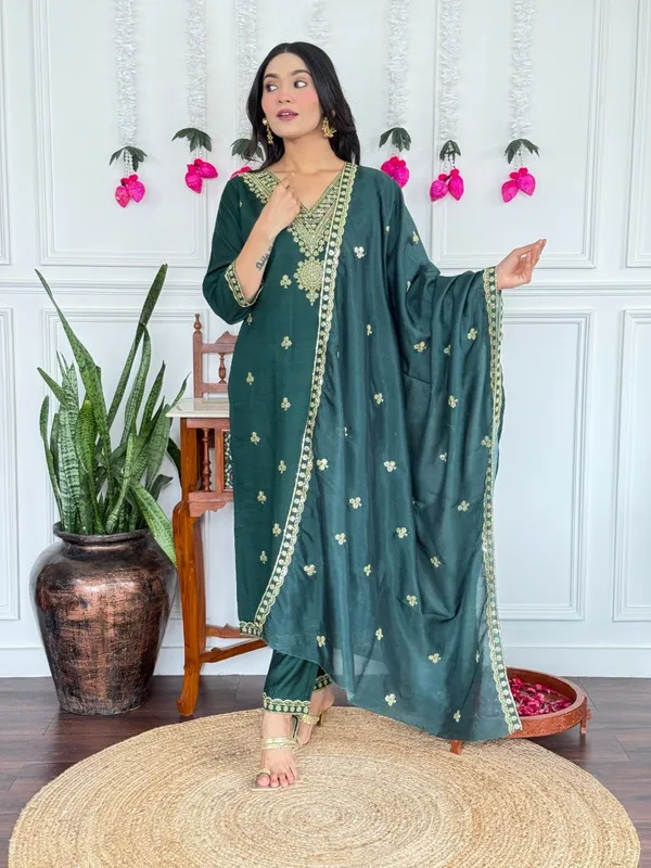 Bottle_Green_Cotton_Golden_Embroidered_Salwar_Suit_Set_For_Women