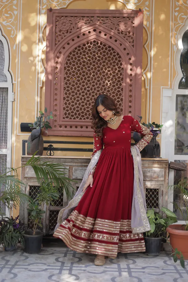 Red_Cotton_Embellished_Anarkali_Gown_With_Dupatta_For_Women