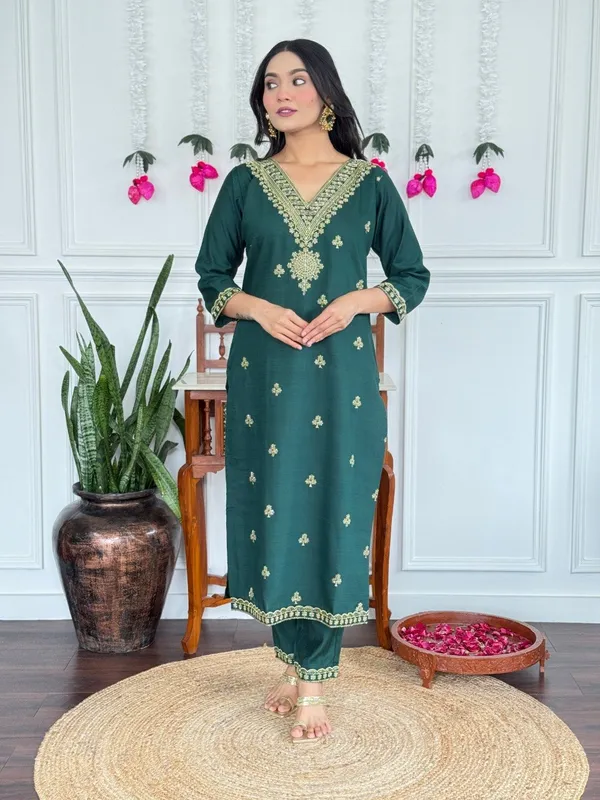 Bottle_Green_Cotton_Golden_Embroidered_Salwar_Suit_Set_For_Women