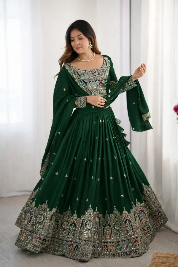 Bottle_Green_Cotton_Embroidered_Lehenga_Choli_For_Women