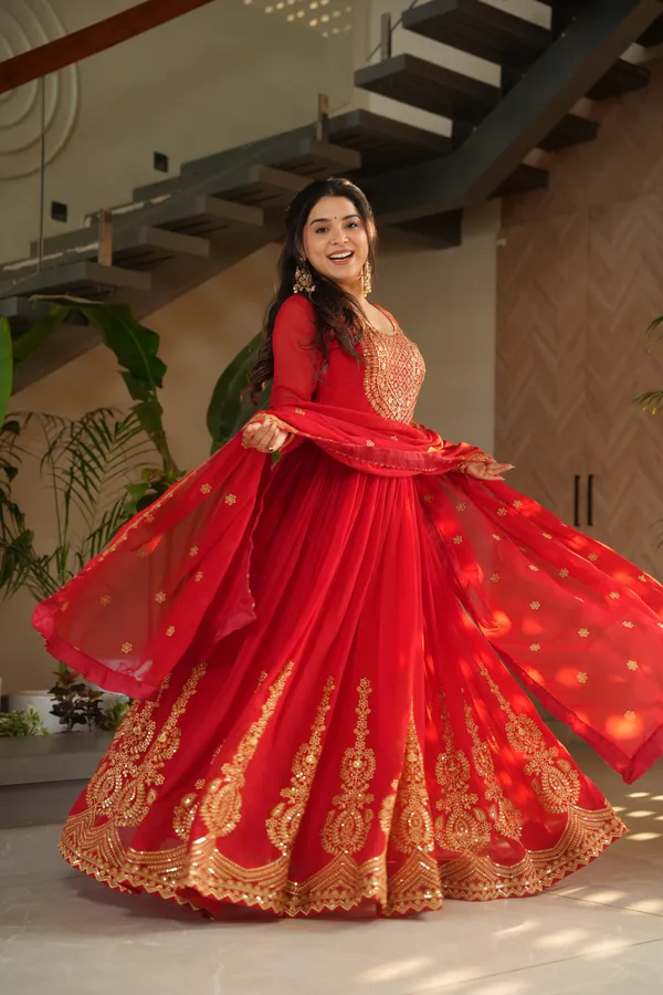 Red_Cotton_Embellished_Anarkali_Gown_With_Dupatta_For_Women