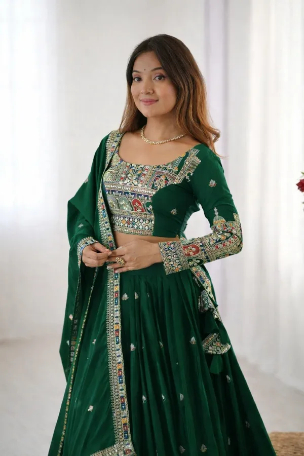 Bottle_Green_Cotton_Embroidered_Lehenga_Choli_For_Women