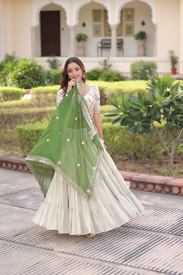 White_And_Green_Cotton_Embellished_Lehenga_Choli_For_Women