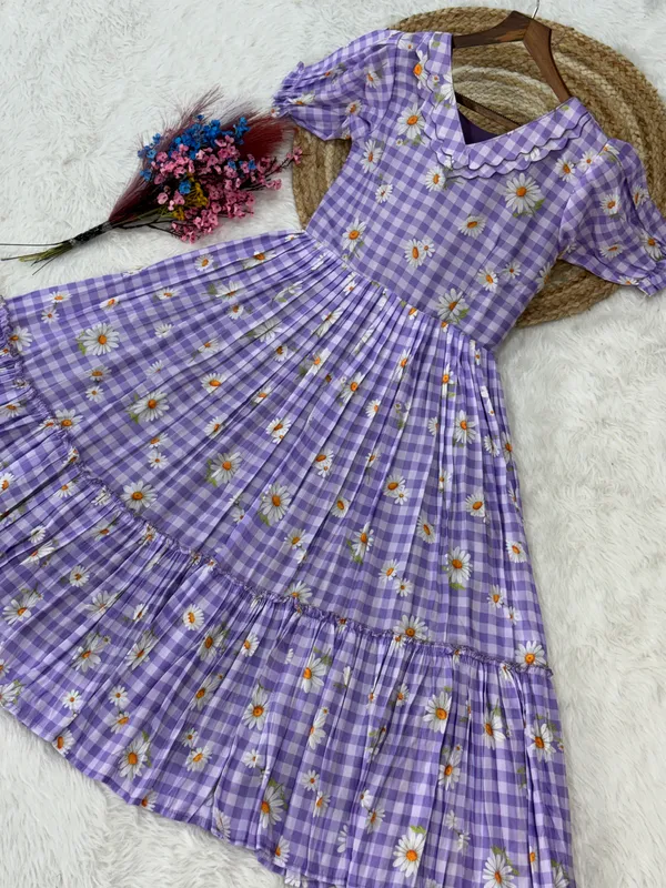 Purple_Cotton_Gingham_Daisy_Print_Puff_Sleeve_Midi_Dress_For_Women