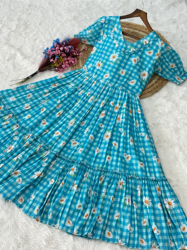 Blue_Cotton_Gingham_Floral_Print_Puff_Sleeve_Midi_Dress_For_Women